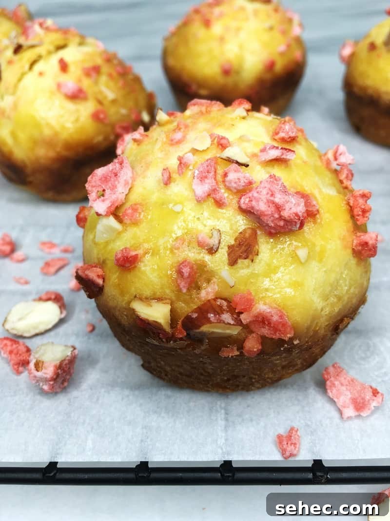 Soft French Mini Brioche Rolls Recipe 3 Mini brioches topped with pink praline on a wire rack covered with parchment