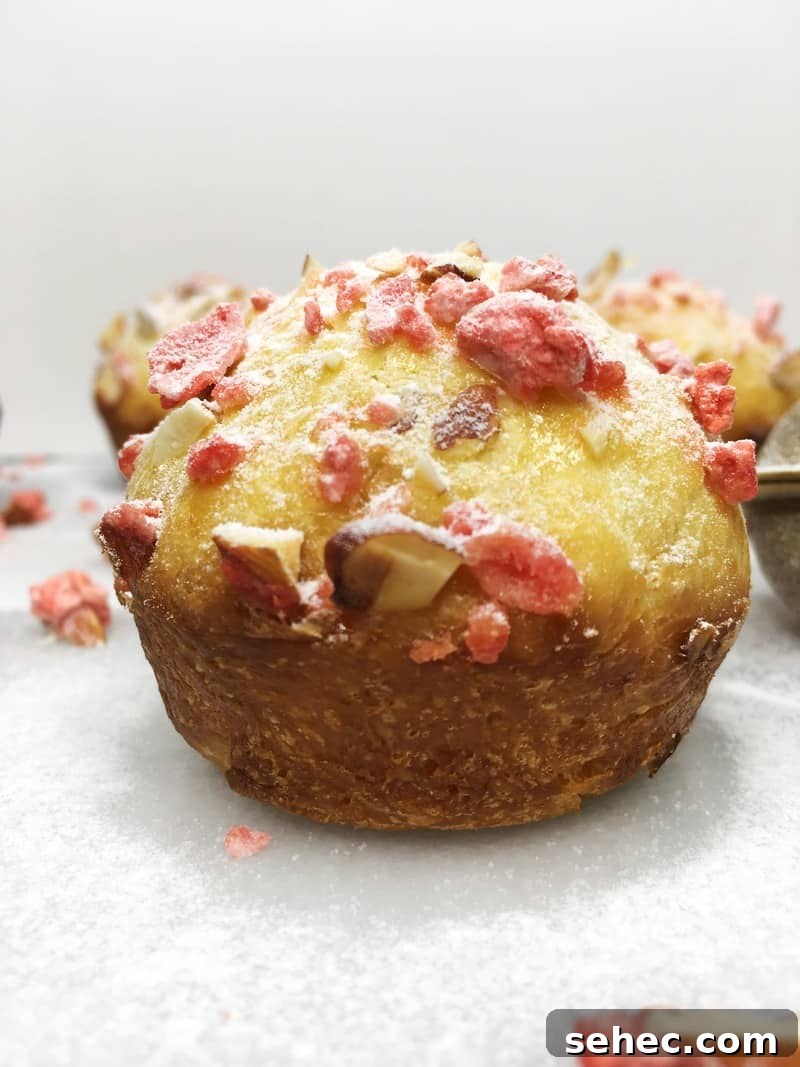 Soft French Mini Brioche Rolls Recipe 5 A single baked roll topped with pink praline and icing sugar on parchment: Close up