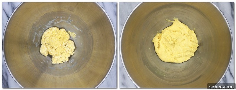 Soft French Mini Brioche Rolls Recipe 6 Photo 1: Dense dough on the bowl of a stand mixer Photo 2: Smooth and elastic dough in the bowl of a stand mixer