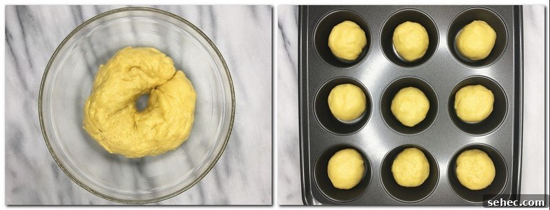 Soft French Mini Brioche Rolls Recipe 7 Photo 3: Dough as a spiral in a glass bowl Photo 4: Dough rolls in the cavities of a muffin pan
