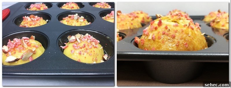Soft French Mini Brioche Rolls Recipe 8 Photo 5: Dough rolls sprinkled with pink praline in a muffin tin Photo 6: Baked rolls topped with pink praline in a muffin pan