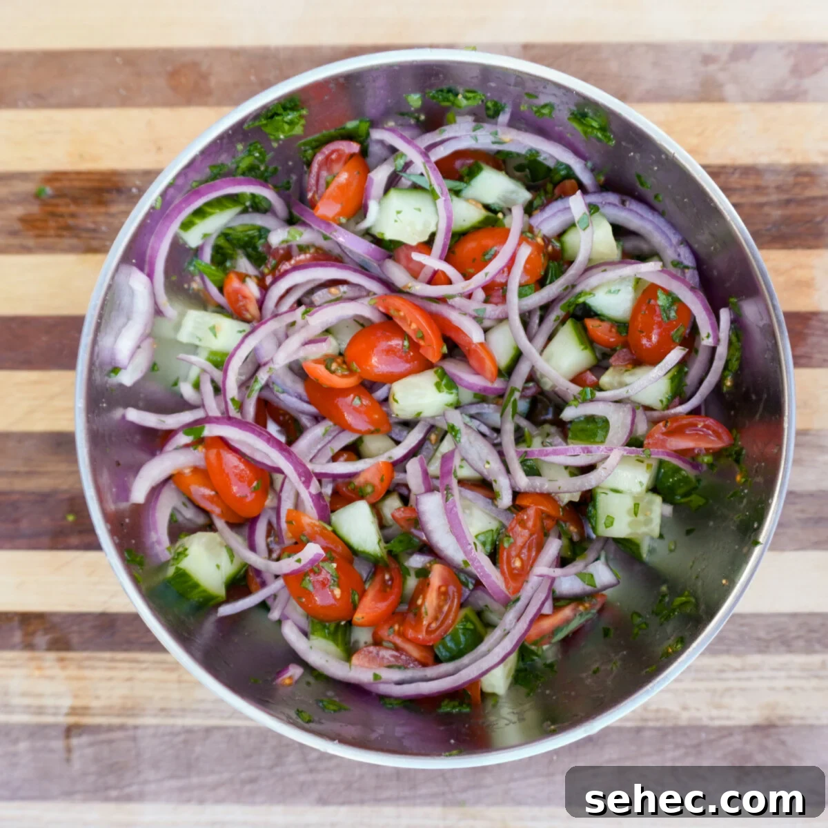 Grilled Chicken Shawarma Recipe 7 freshly chopped veggies in a blue yeti bowl.