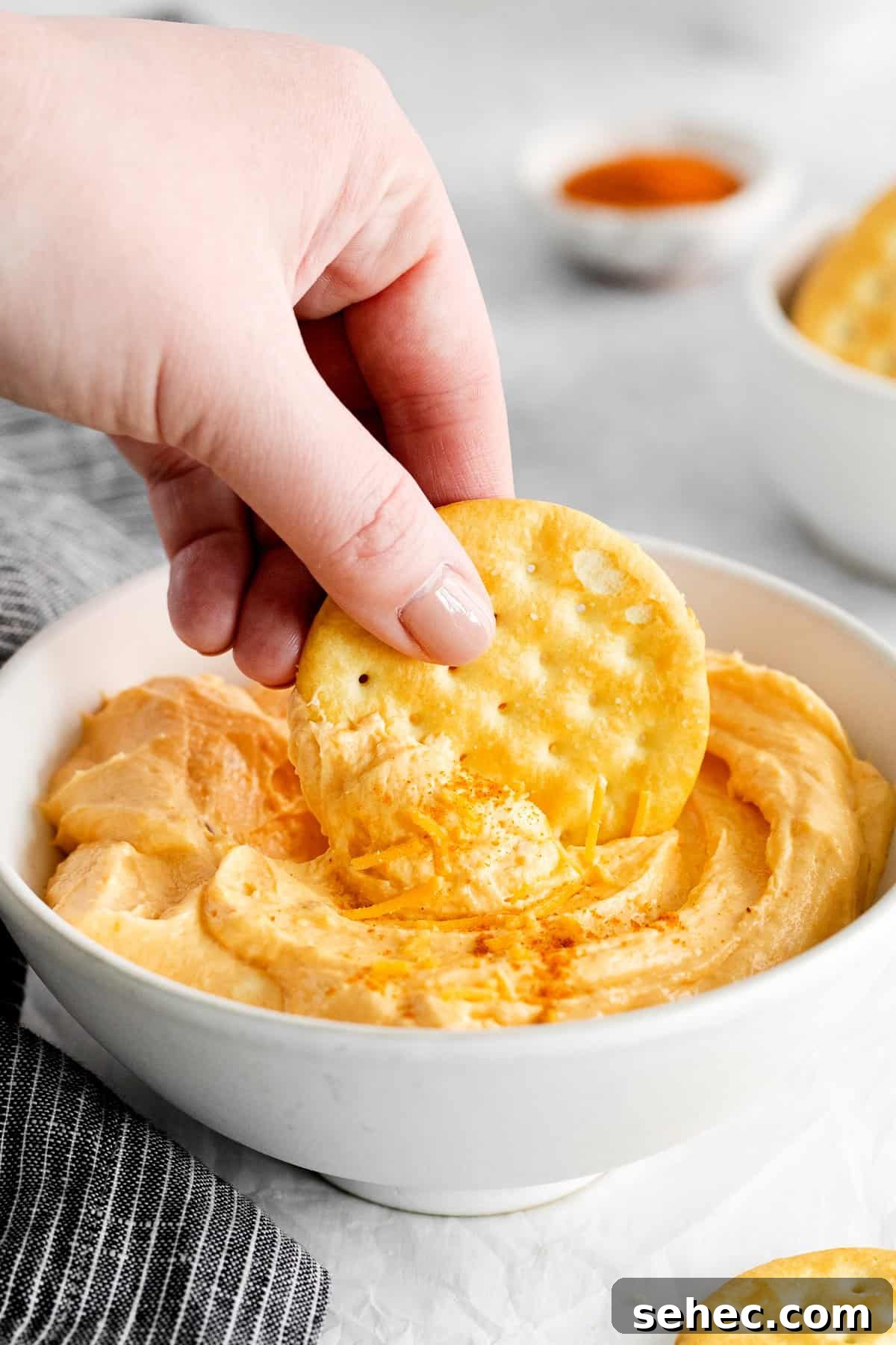 Homemade cheese spread with crackers. Person dipping a cracker in homemade cheese spread.