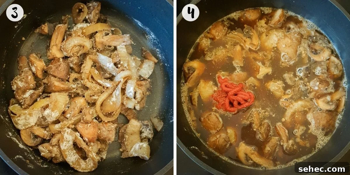 Vegan Ale and Pearl Barley Stew 5 Add to pan with flour and tomato puree