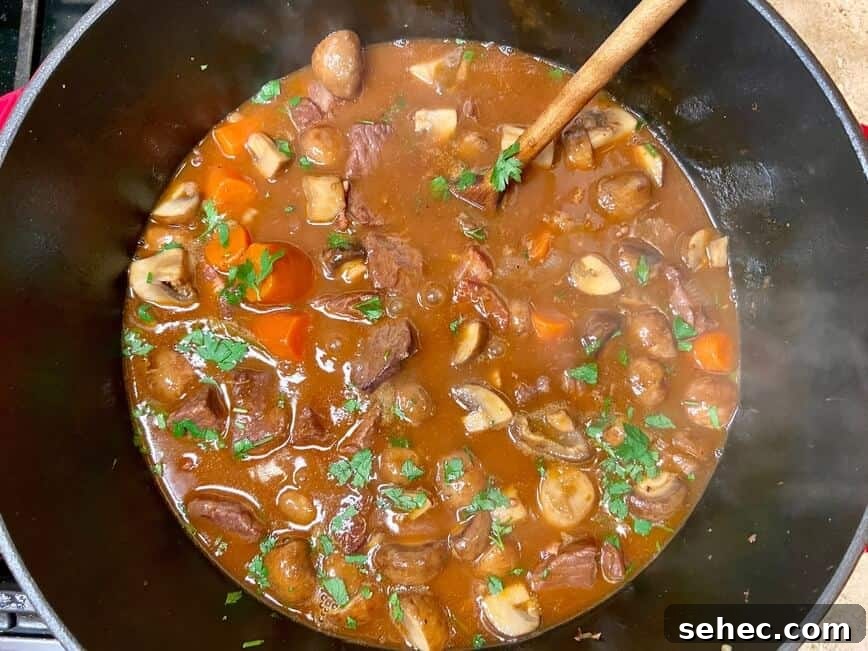 Julia Child Beef Bourguignon Recipe Made Simple 13 Stirring the beef bourguignon in a Dutch oven with a wooden spoon.