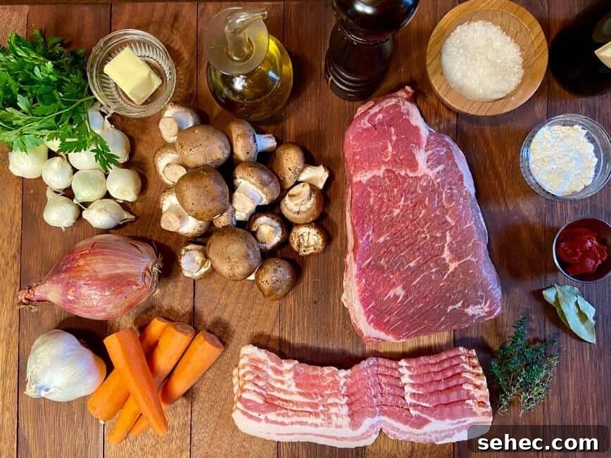 Julia Child Beef Bourguignon Recipe Made Simple 3 Ingredients on a wood table.