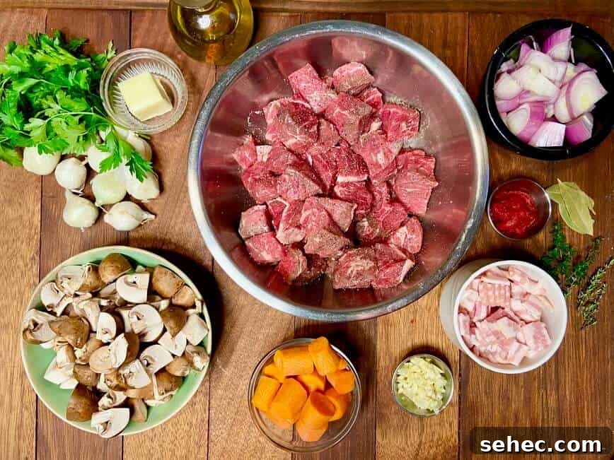 Julia Child Beef Bourguignon Recipe Made Simple 4 Ingredients mise en place.