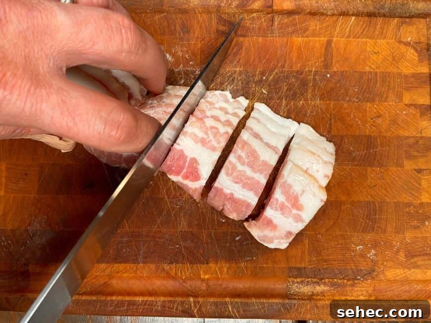 Julia Child Beef Bourguignon Recipe Made Simple 5 Slicing bacon.