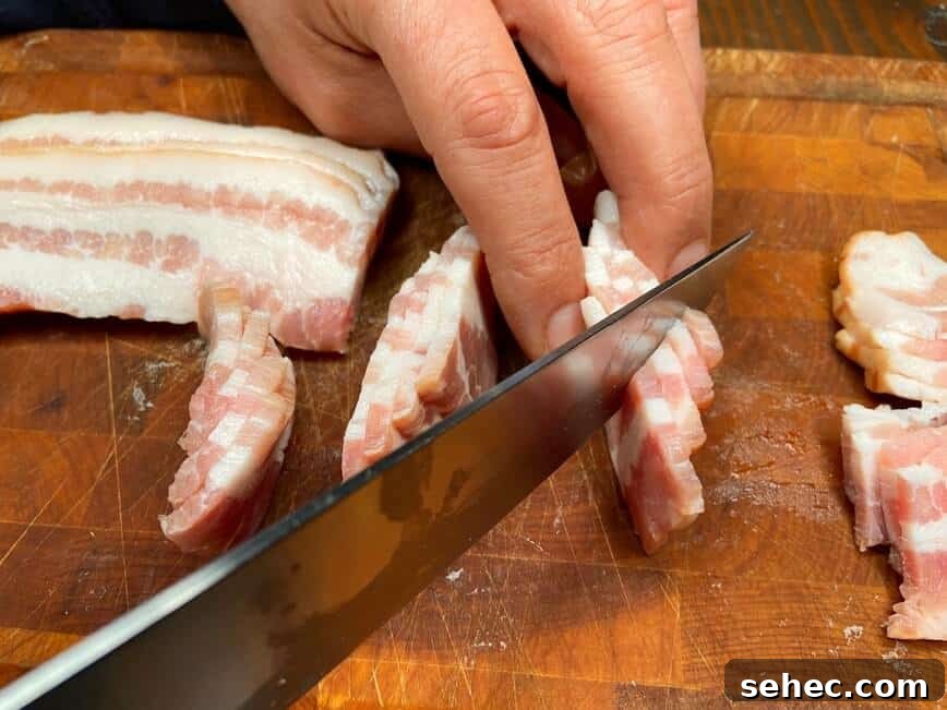 Julia Child Beef Bourguignon Recipe Made Simple 6 Slicing bacon diagonally.