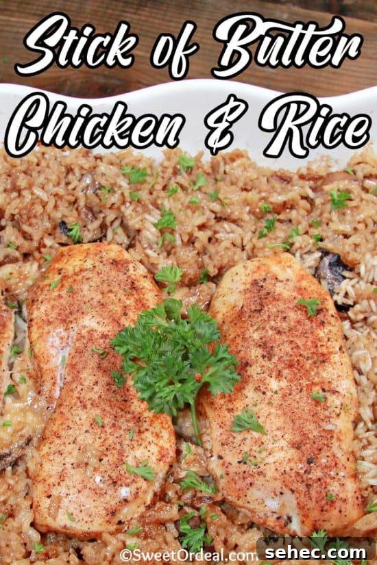 One Stick Butter Chicken and Rice Casserole 5 Perfectly seasoned breast meat resting on top of flavorful, buttery long grain rice.