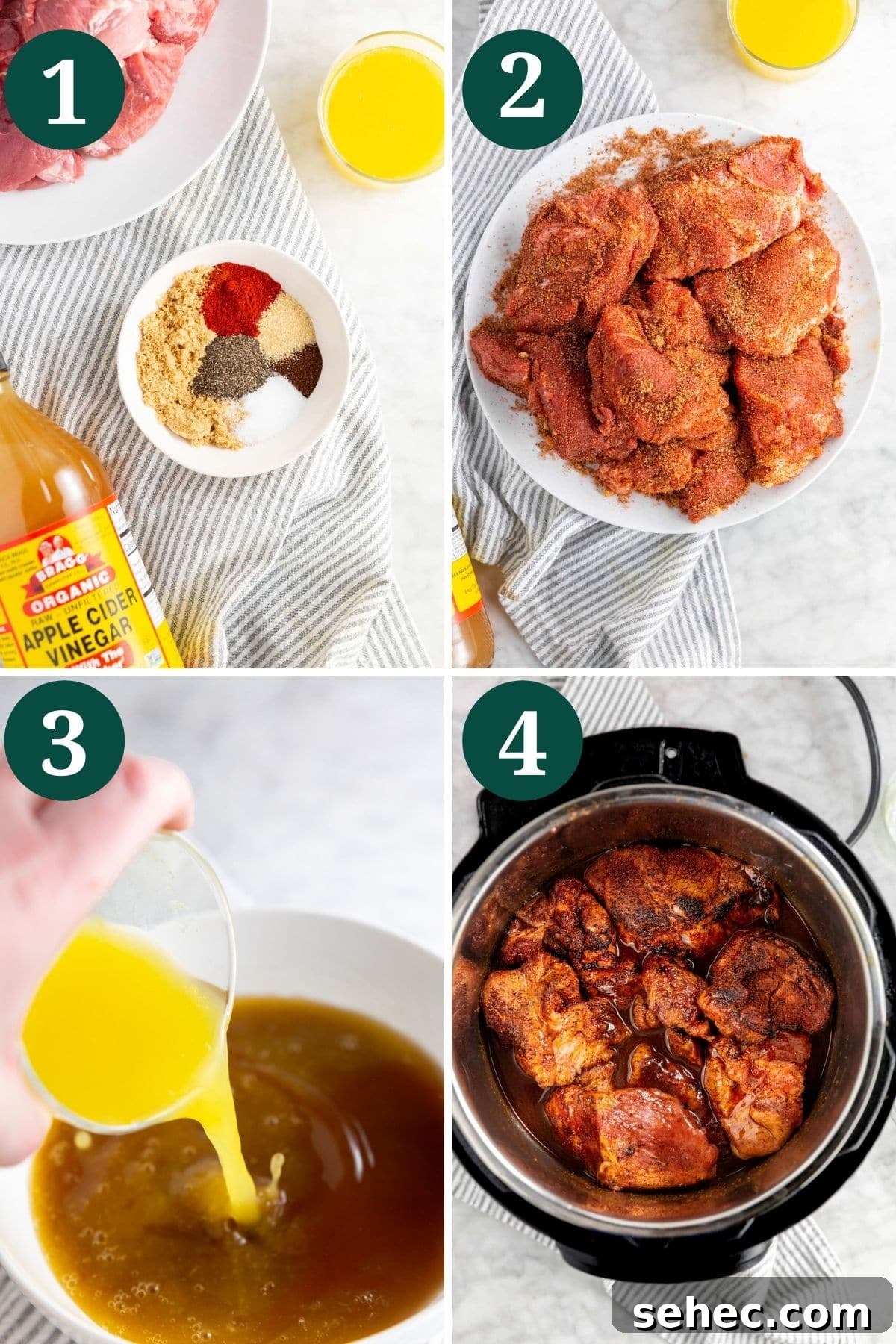 Instant Pot BBQ Pulled Pork Recipe 4 A collage showing the process of making instant pot bbq pulled pork.