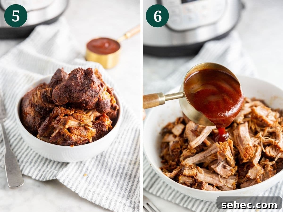 Instant Pot BBQ Pulled Pork Recipe 5 A collage showing instant pot bbq pulled pork being shredded and topped with bbq sauce.