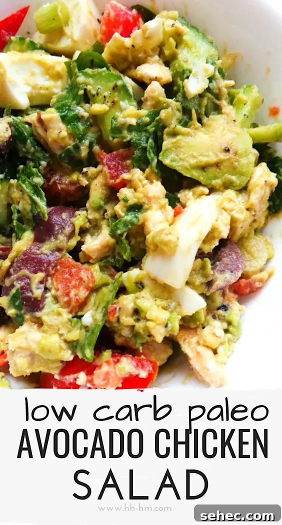 Healthy avocado chicken salad served as a low carb keto and paleo meal.