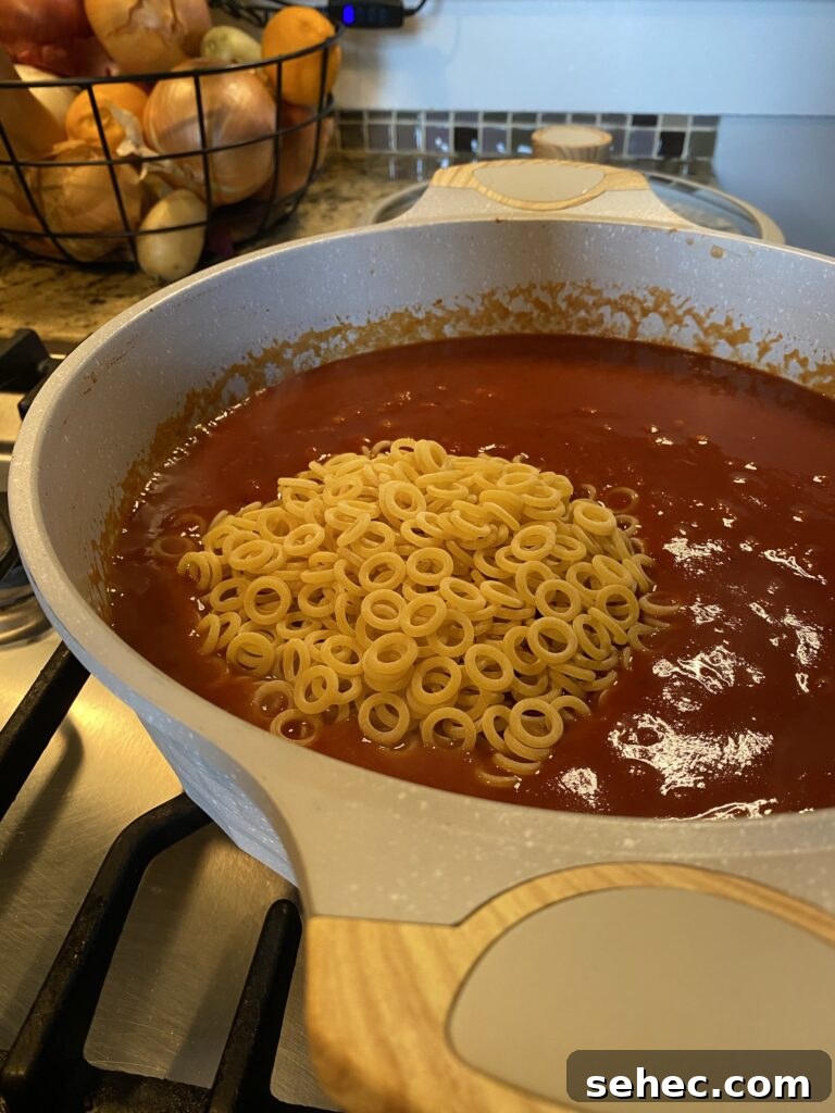 Homemade SpaghettiOs Recipe 8 Ring pasta in a pot of tomato sauce