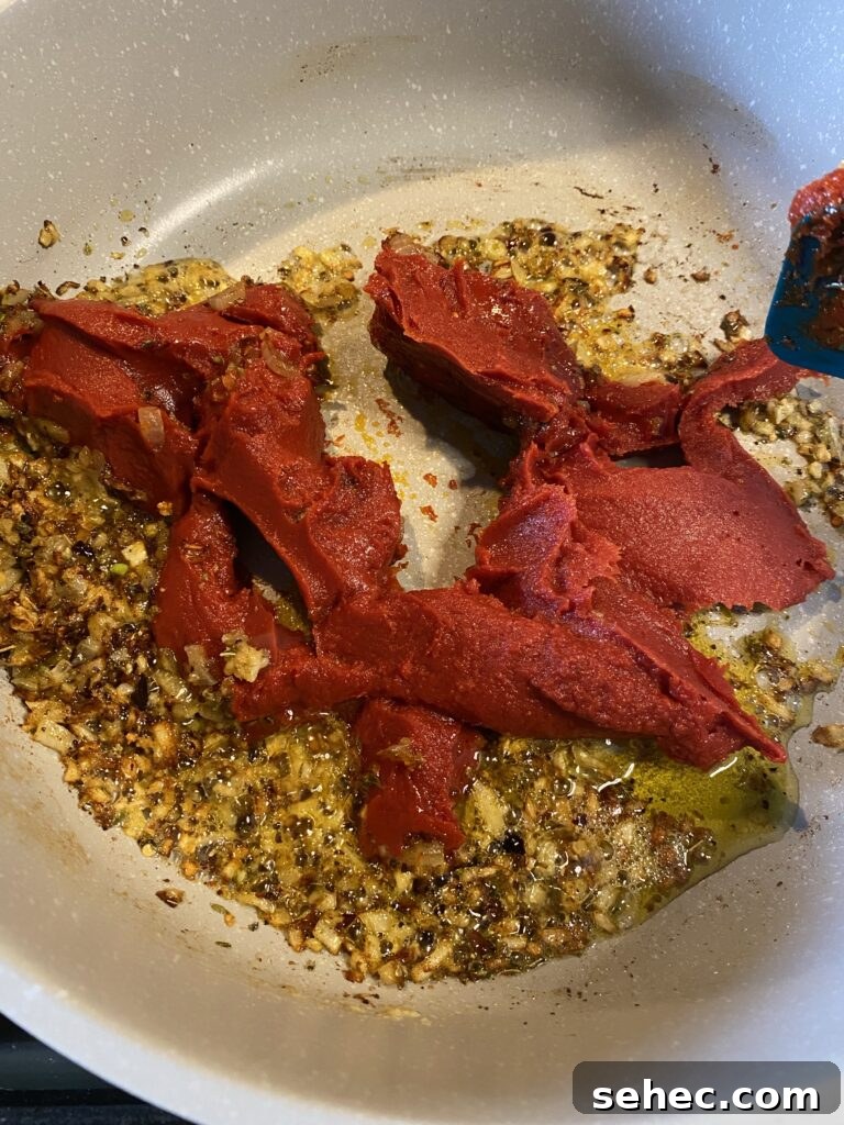 Homemade SpaghettiOs Recipe 10 Tomato paste with oil and seasonings cooking in a pot