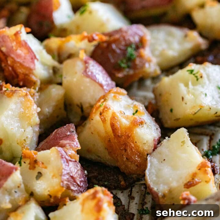 A close up image of roasted potatoes on a sheet pan.