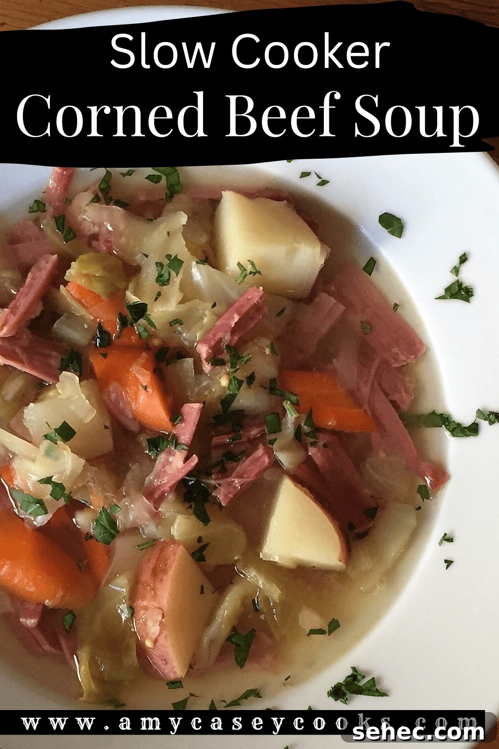 Slow Cooker Corned Beef Soup Recipe 5 hearty bowl of soup with cabbage, potatoes, carrots and corned beef.