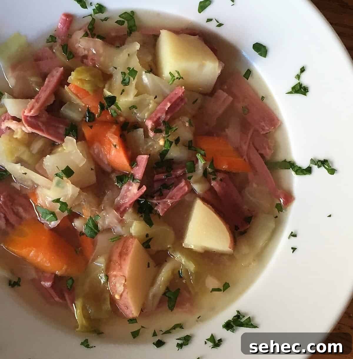 Slow Cooker Corned Beef Soup Recipe 6 bowl with corned beef soup.