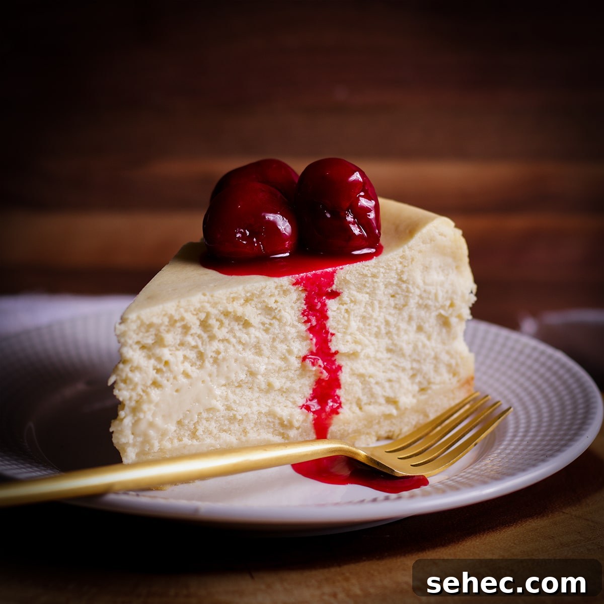 A thick slice of New York Cheesecake with cherry sauce on top on a white plate with a gold fork.