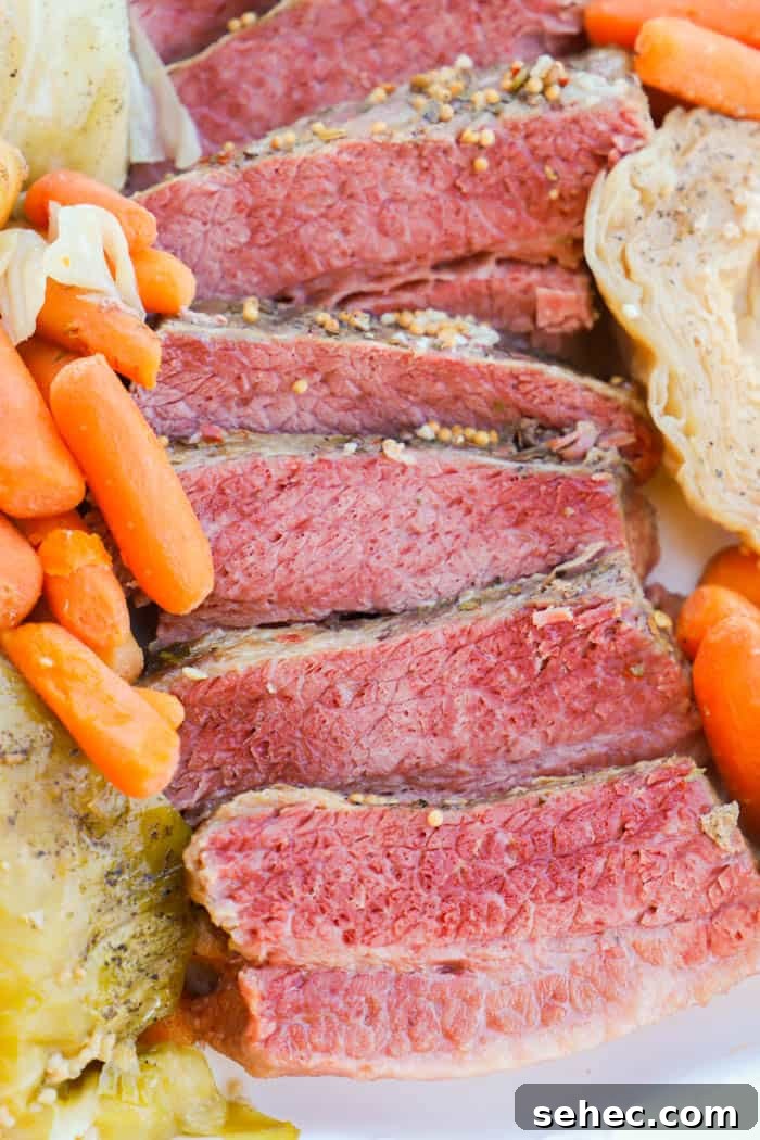 Slow Cooker Corned Beef and Cabbage Recipe 3 Close up shot of corned beef and cabbage and carrots and potatoes.