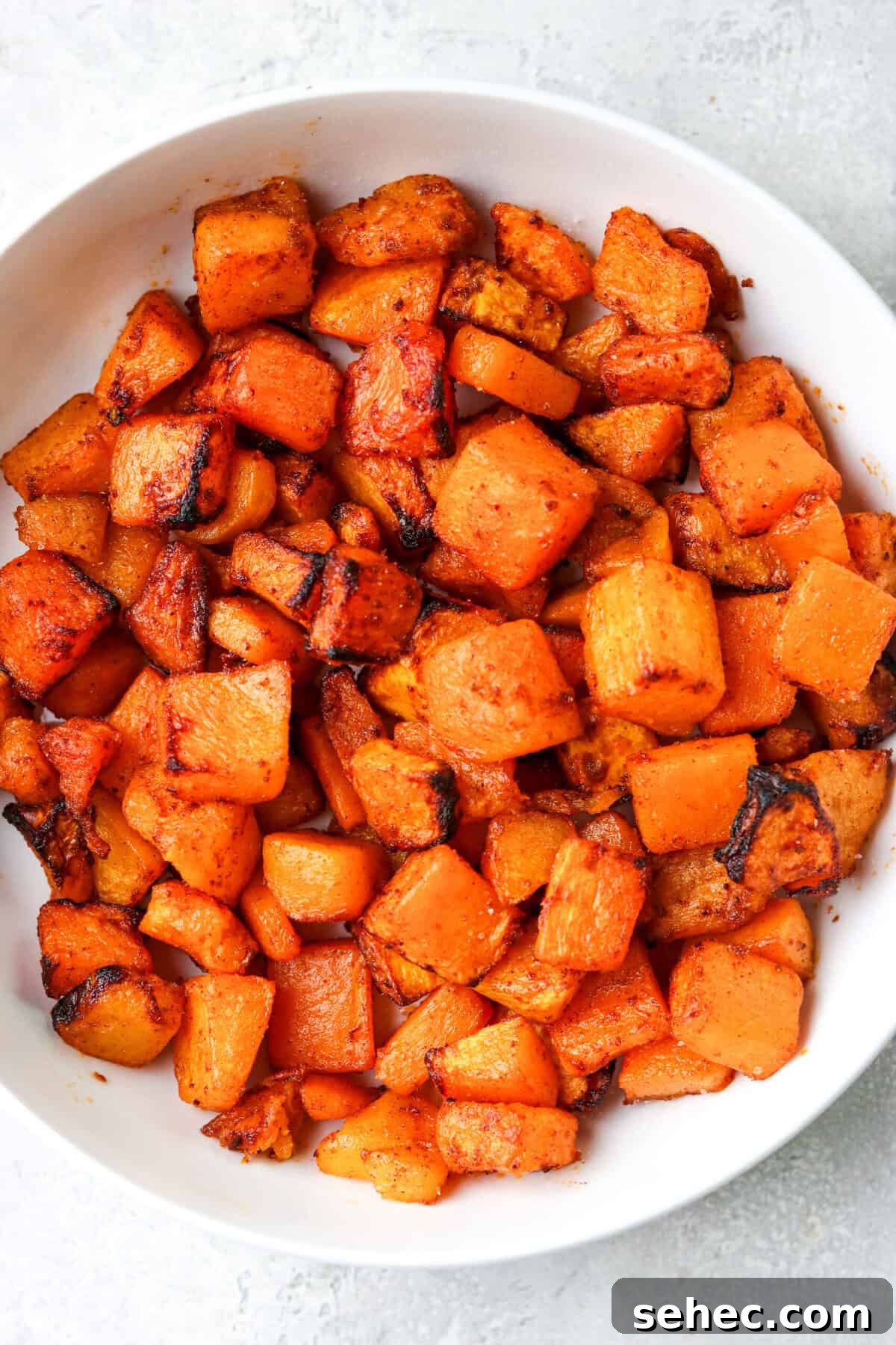 Air Fryer Butternut Squash with Oven Baked Option 2 air fryer butternut squash in a white bowl