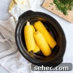 Corn on the cob in a slow cooker basin.