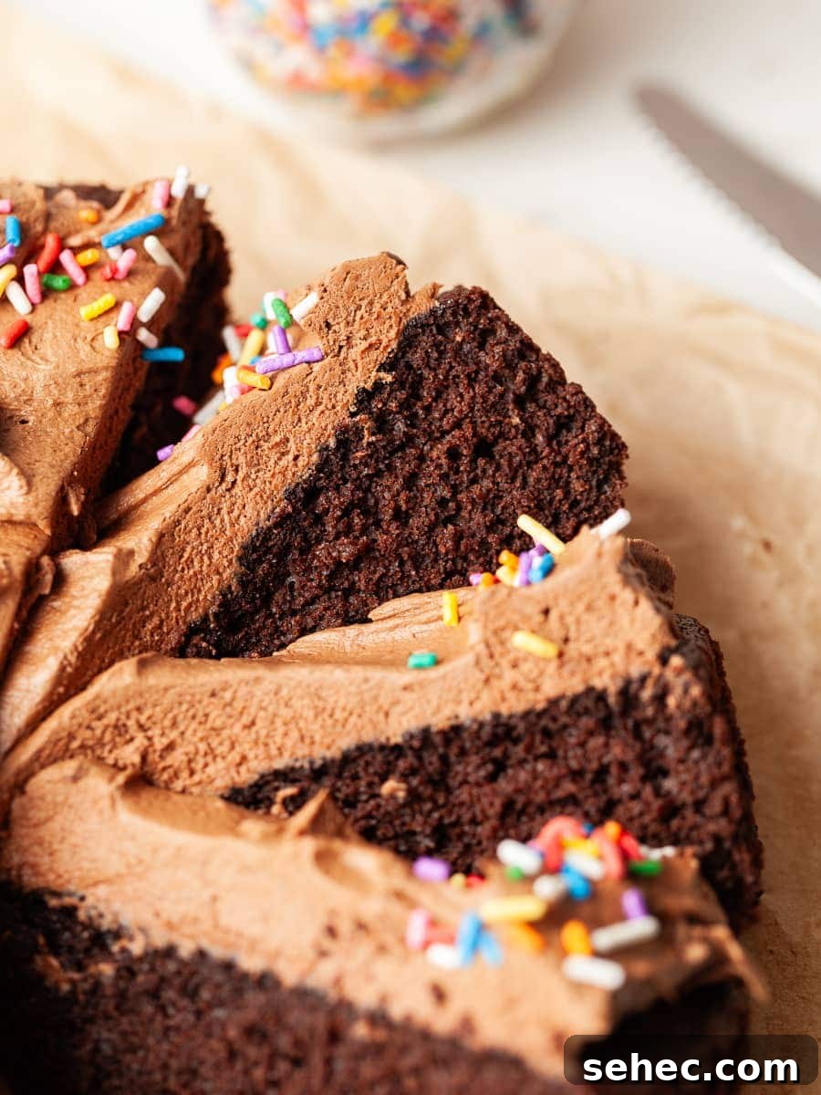 gluten free sourdough chocolate cake slices laying with a chocolate frosting and topped with sprinkles on parchment paper