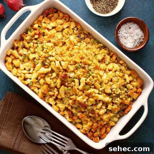 Classic Bread Stuffing Recipe for Thanksgiving 2 stuffing in dish on table