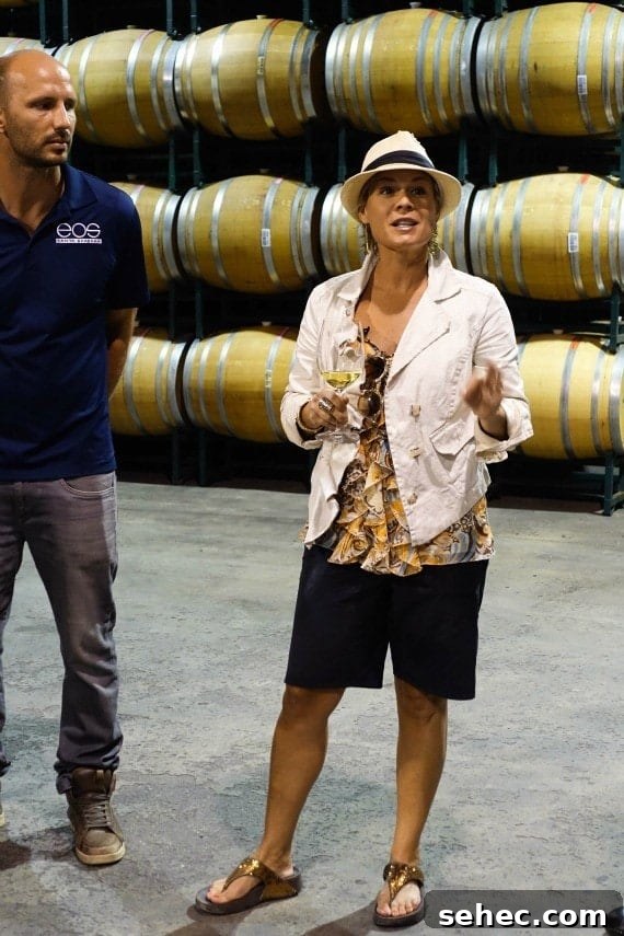California Coastal Cruise – Santa Barbara Cat Cora speaking in front of barrels of aging wine