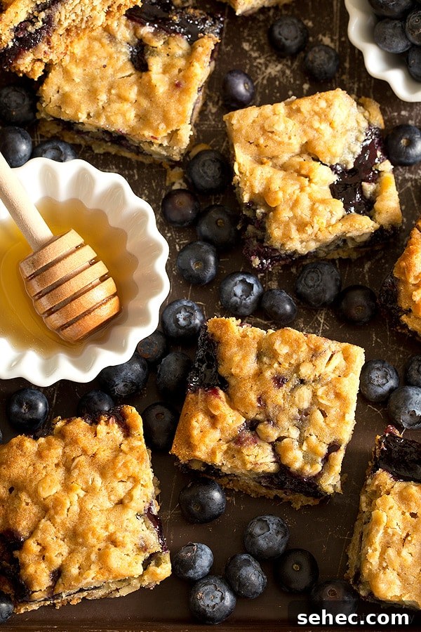 Blueberry Oatmeal Bars with Honey 5 A pan of soft Honey Blueberry Oatmeal Bars filled with homemade blueberry honey jam.