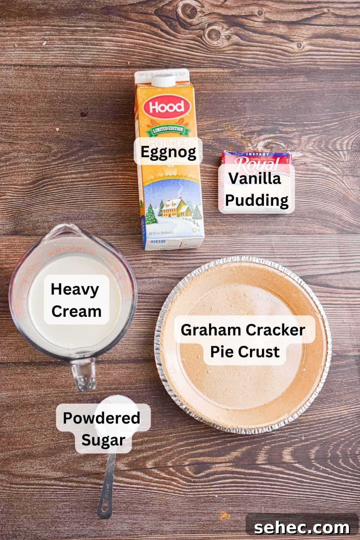 Eggnog Cream Pie Recipe for the Holidays 3 The ingredients for no-bake eggnog pie are labeled.