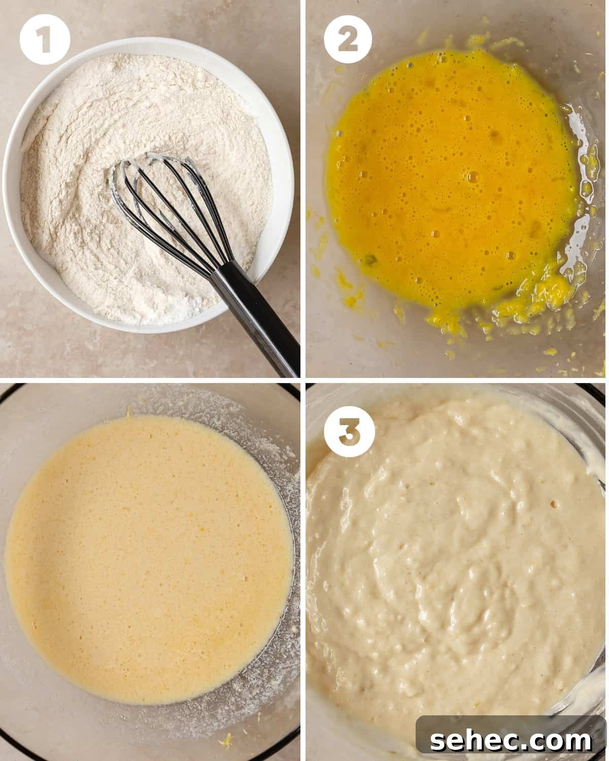Fluffy Lemon Pancakes with Fresh Citrus Flavor 5 Steps for making lemon pancake batter with dry ingredients, wet ingredients and mixing instructions.