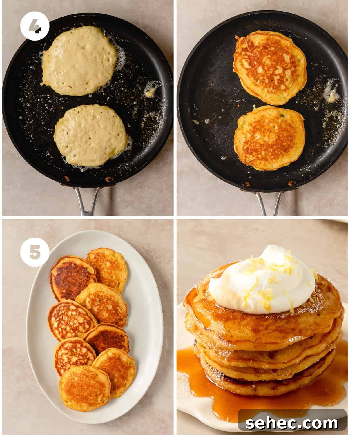 Fluffy Lemon Pancakes with Fresh Citrus Flavor 6 Cooking fluffy lemon pancakes on a non-stick skillet and serving with whipped cream, maple syrup, lemon zest and fresh fruit.