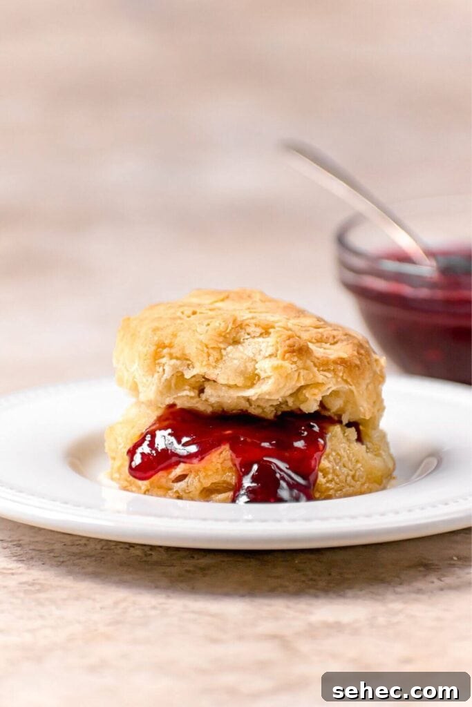 Fluffy Almond Milk Biscuits Recipe 2 healthy buttermilk biscuit with jam in the middle