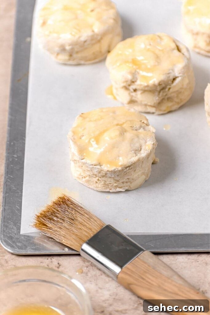 Fluffy Almond Milk Biscuits Recipe 9 fluffy biscuits dough on baking tray and butter brushed on top