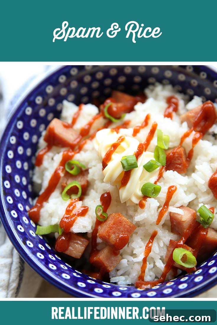 Spam Fried Rice Recipe 7 Pinterest picture with the text of the title of the recipe at the top.