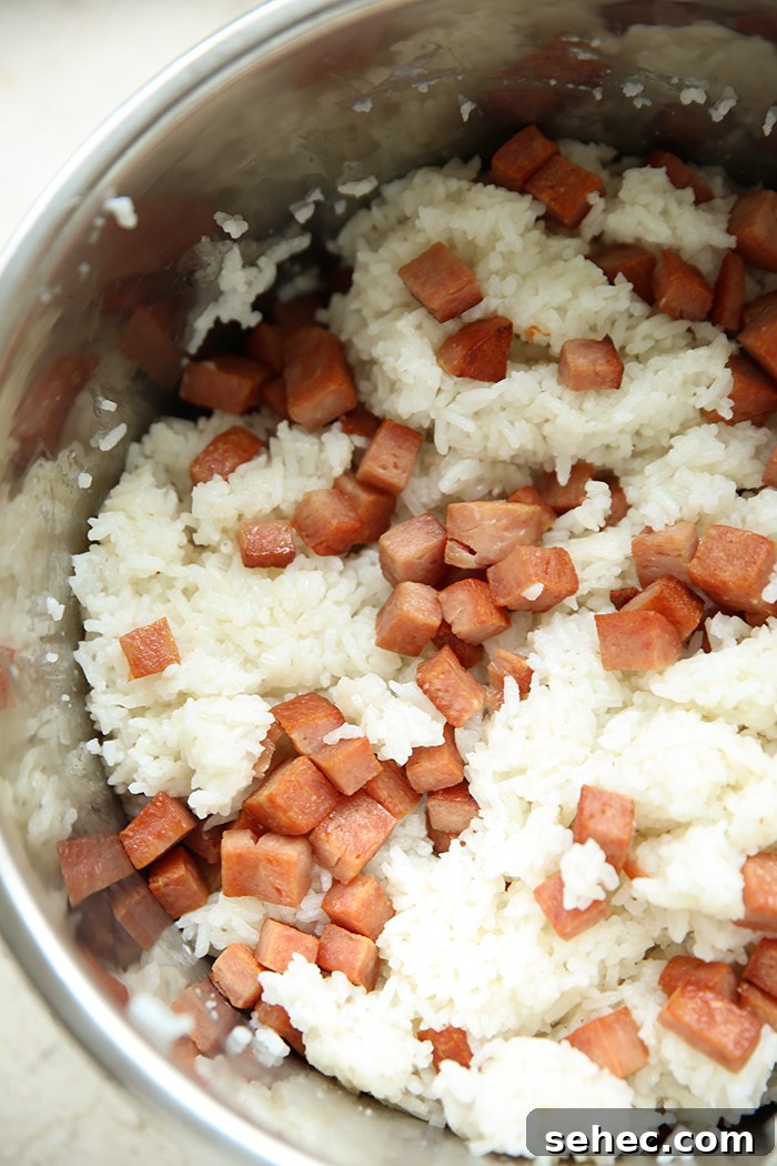 A large pot of rice and spam.