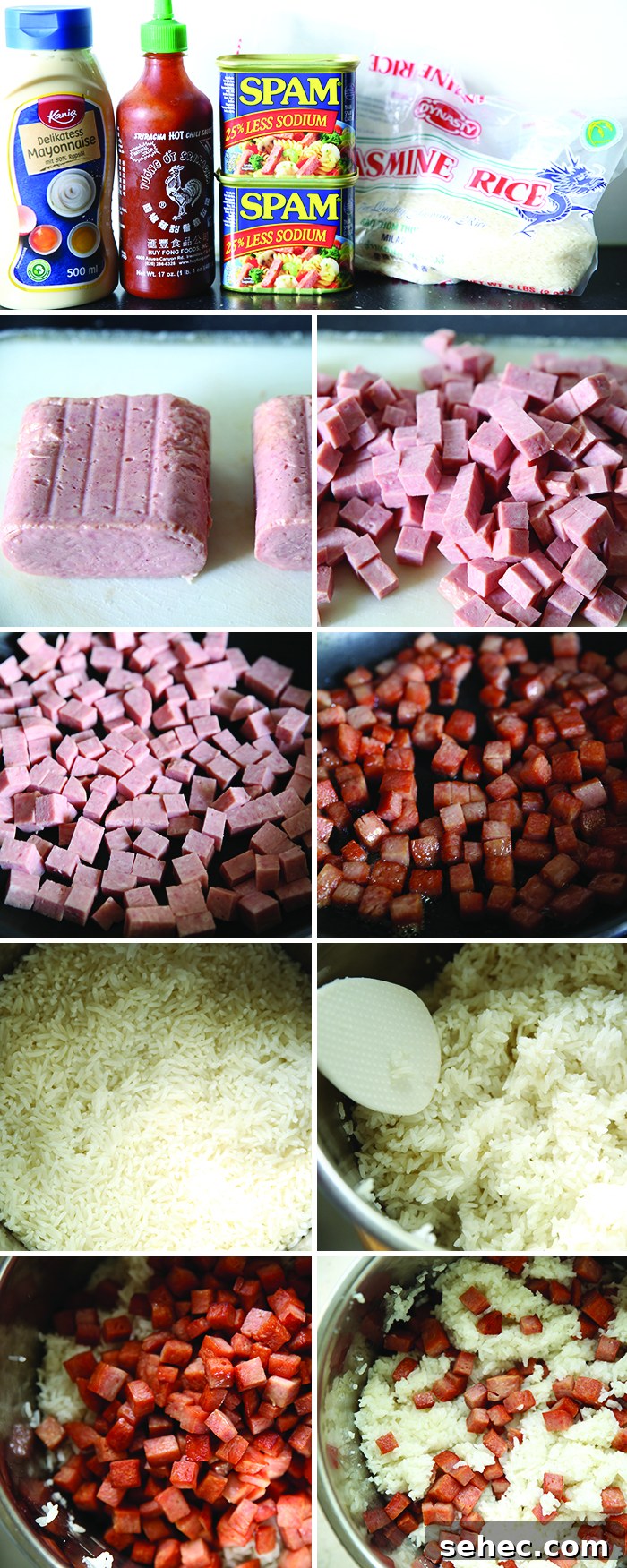 Spam Fried Rice Recipe 4 9-photo picture collage of step-by-step photos on how to make Spam and Rice.