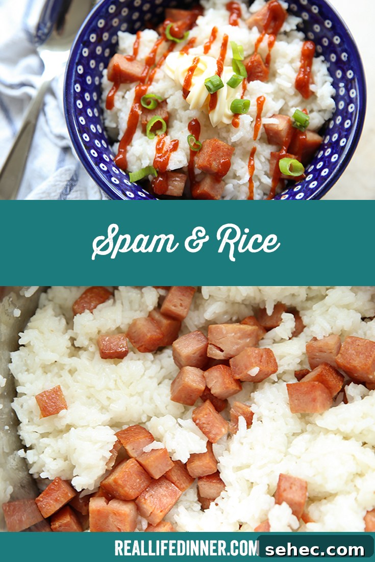 Two-photo Pinterest picture of Spam & Rice with the text of the title in the middle.