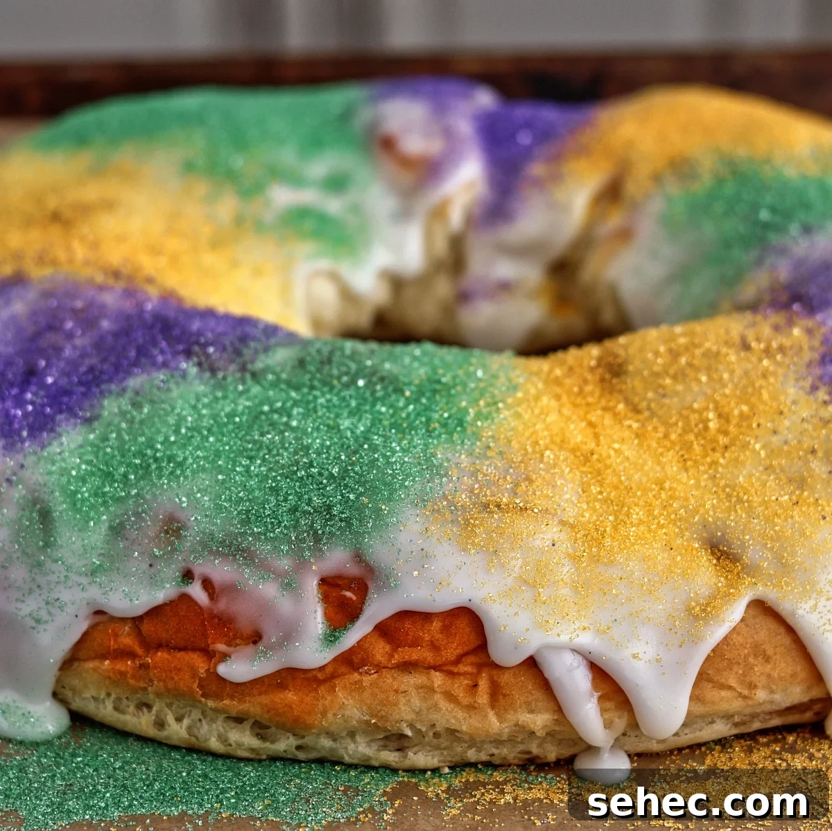 Gluten Free King Cake Recipe for Mardi Gras 2 purple, green, and gold gluten free king cake.