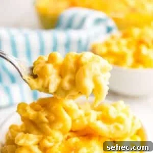 Creamy Eggless Mac and Cheese Recipe 14 A fork holds a bite of creamy macaroni and cheese above a bowl, with another full bowl in the background next to a striped cloth.