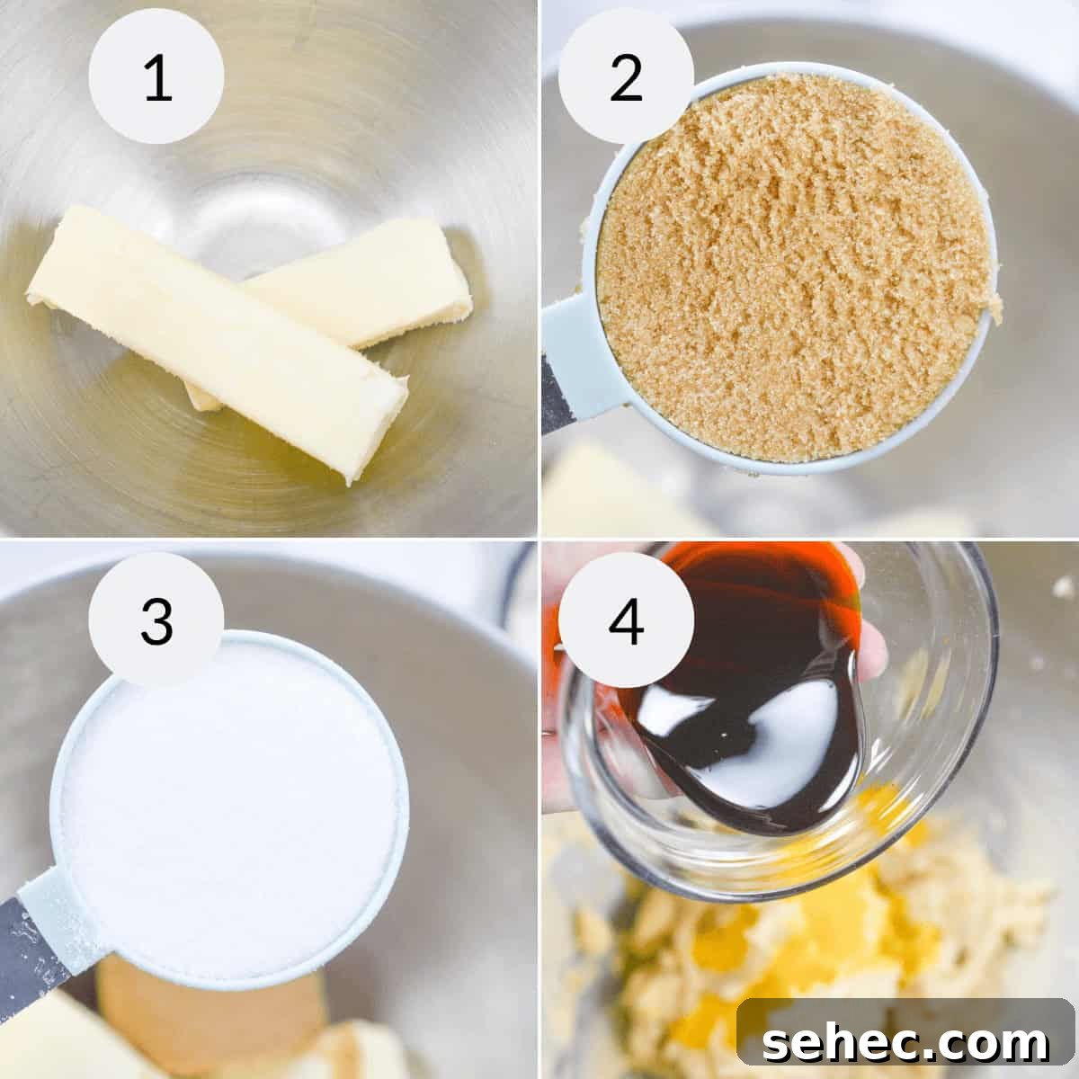 Norwegian Brune Pinner Cookies 5 Step-by-step baking process for Brune cookies: 1) Two sticks of butter in a bowl. 2) Brown sugar in a measuring cup. 3) White sugar in a measuring cup. 4) Vanilla extract poured into the mixture.