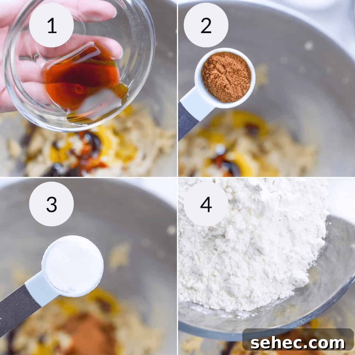 Norwegian Brune Pinner Cookies 6 Step-by-step baking preparation for Norwegian cookies: 1. Adding vanilla extract to dough, 2. Adding cinnamon, 3. Adding baking powder, 4. Adding flour.