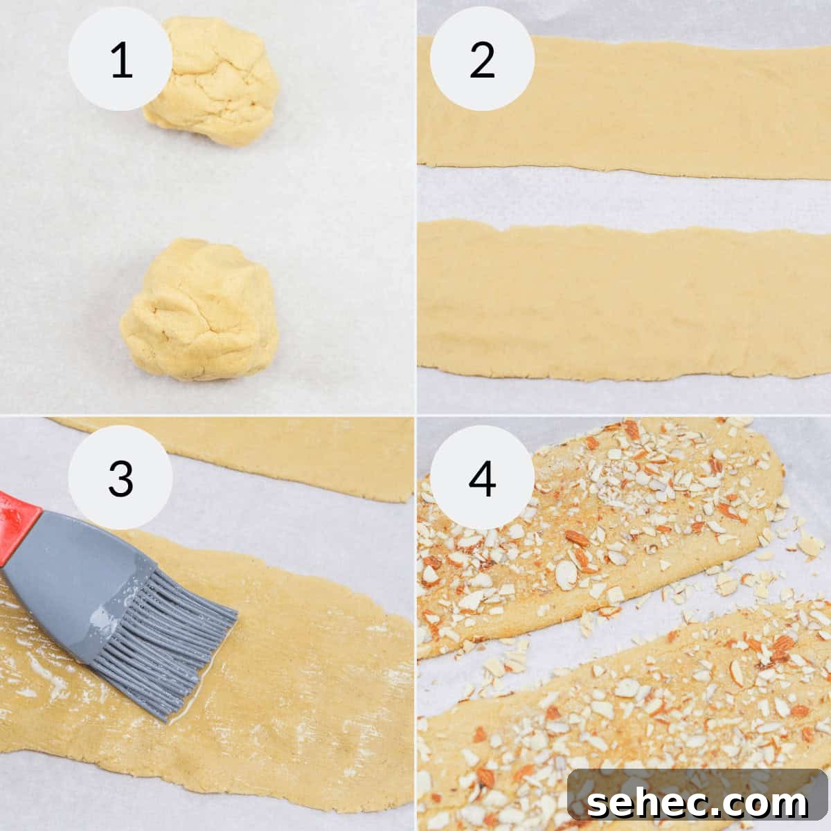 Norwegian Brune Pinner Cookies 7 Step-by-step process for making Christmas cookies: 1. Two dough balls. 2. Rolled out dough strips. 3. Brushing dough with liquid. 4. Topped with sliced almonds.
