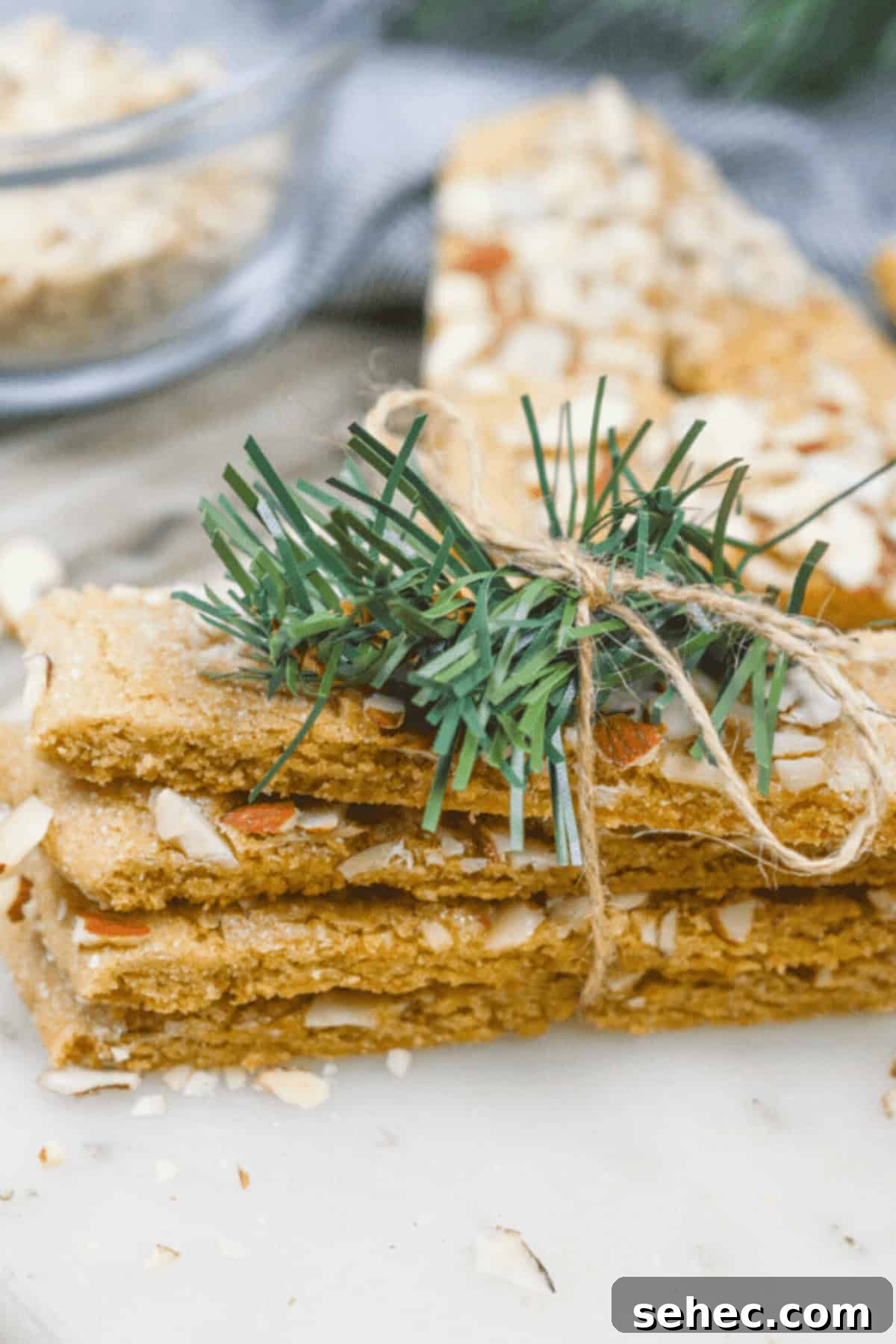 Norwegian Brune Pinner Cookies 9 A stack of Norwegian cookies tied with twine and a small pine twig rests elegantly on a white plate.