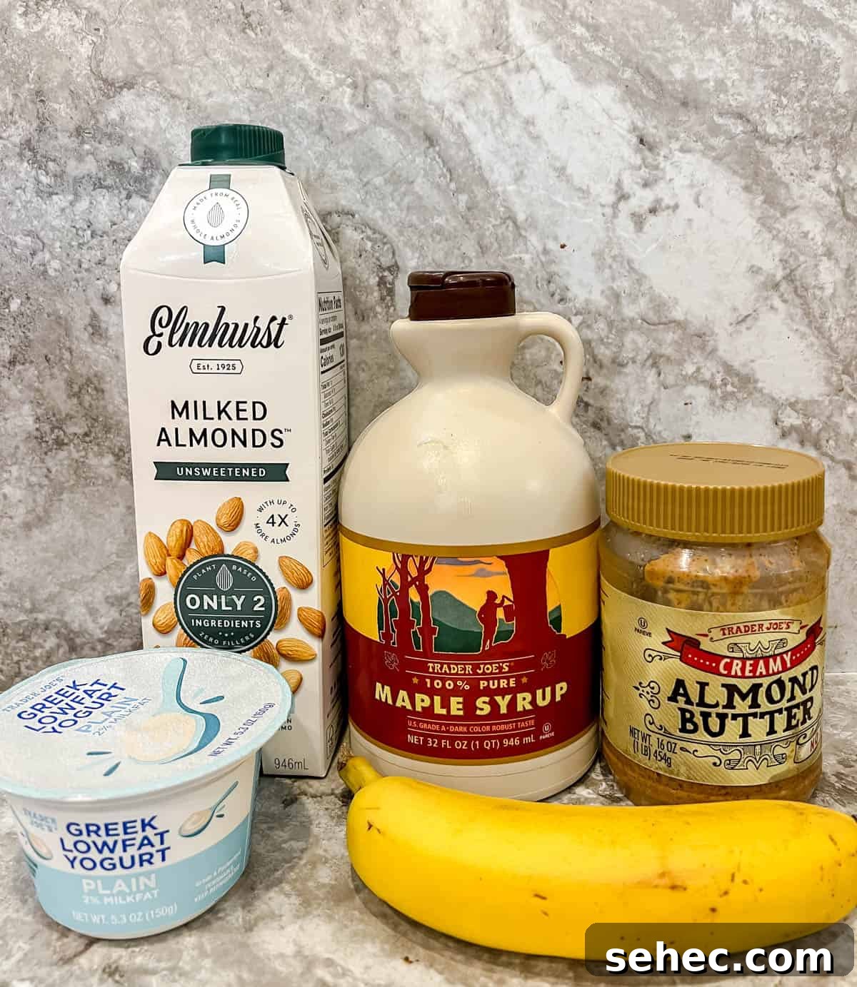 Maple Banana Yogurt Smoothie 4 Ingredients needed to make a banana yogurt smoothie with maple syrup.