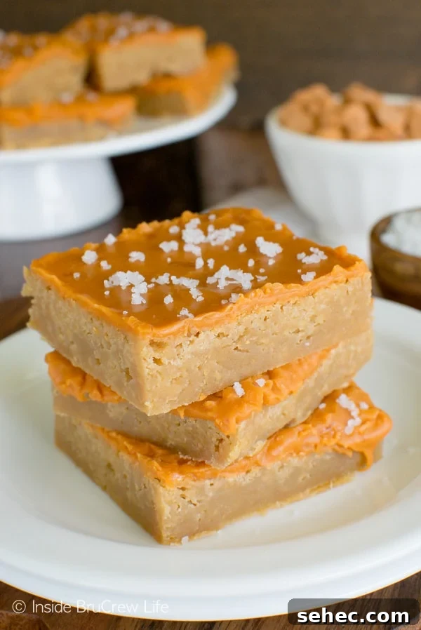Salted Butterscotch Bars - melted butterscotch chips and sea salt makes these sweet and salty bars a great recipe to change up your brownies! Three salted butterscotch bars stacked on a white plate