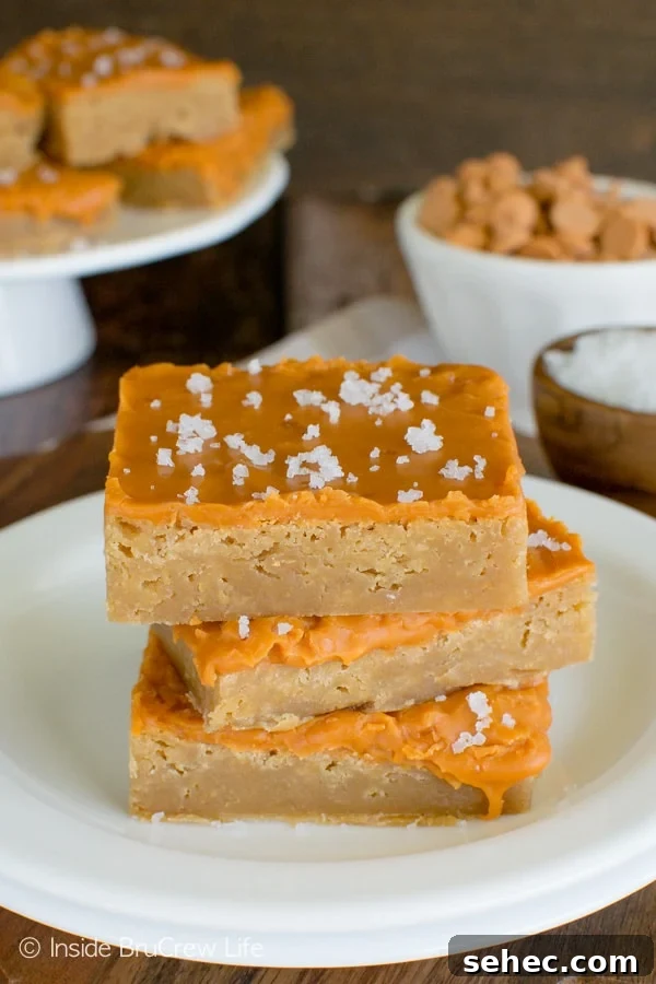 Salted Butterscotch Bars - butterscotch chips and sea salt add a fun flavor and texture to these easy salted brownies. Make this recipe for the sweet and salty lover in your life. Three salted butterscotch bars stacked on a white plate