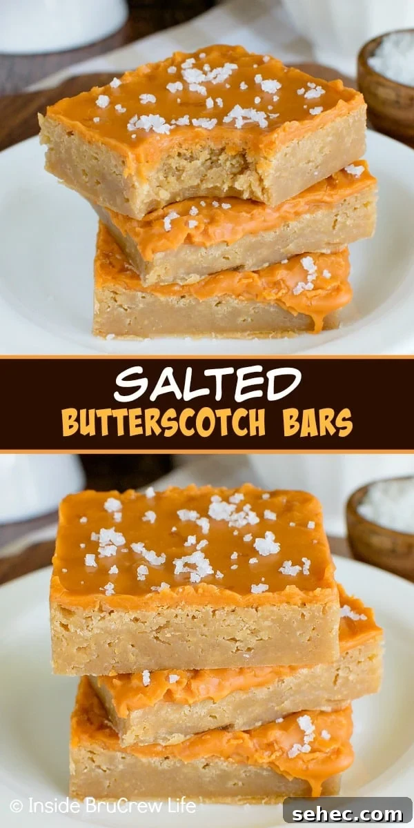 Salted Butterscotch Bars - sea salt and melted butterscotch chips add a fun and delicious twist to these easy brownies! Make this recipe for sweet and salty lovers. Two pictures of salted butterscotch bars collaged together with a brown text box