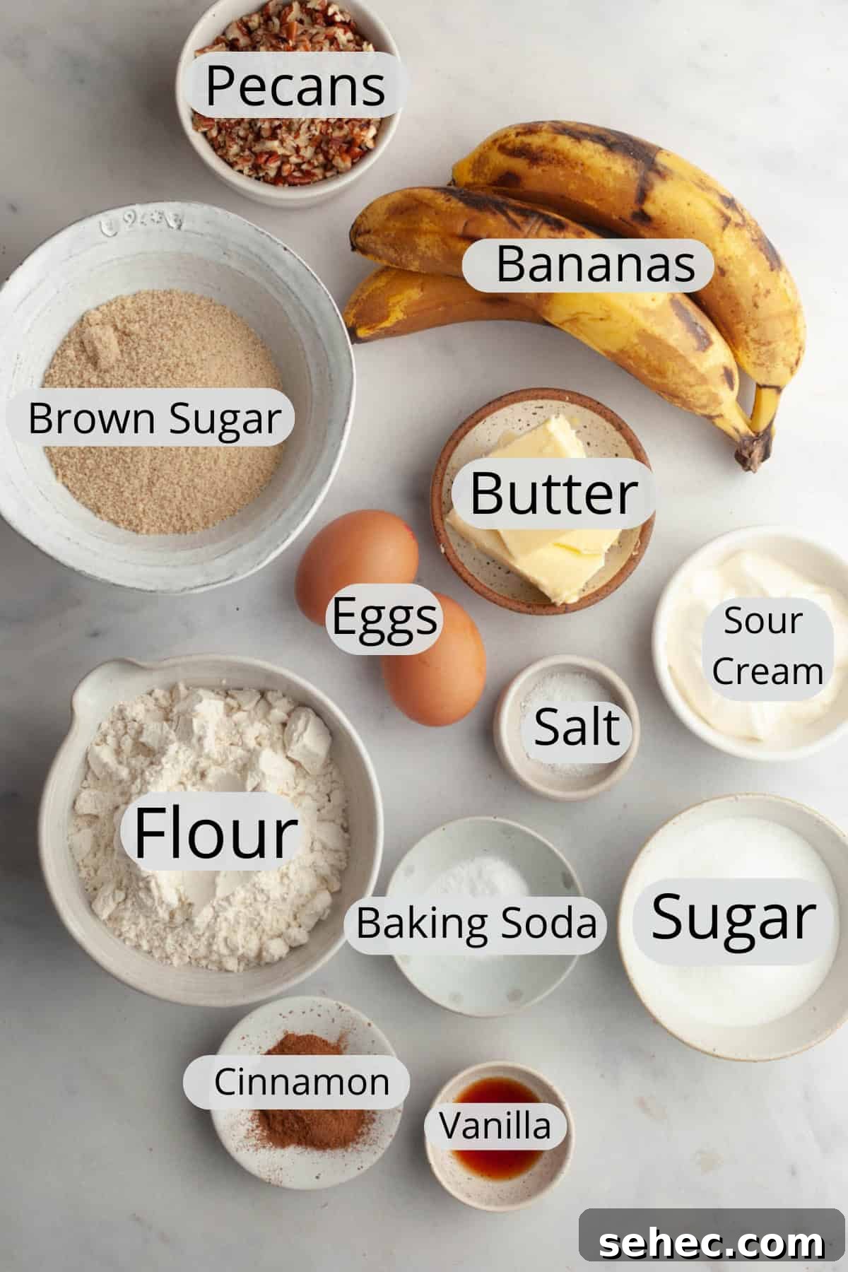 One Bowl Brown Butter Cinnamon Banana Bread with Pecans 3 Ingredients for banana bread with pecans measured into small bowls.